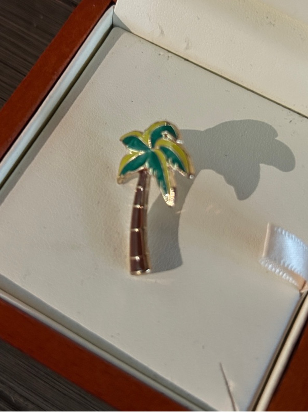 Gold-Tone Palm Tree Enamel Brooch in Green and Brown